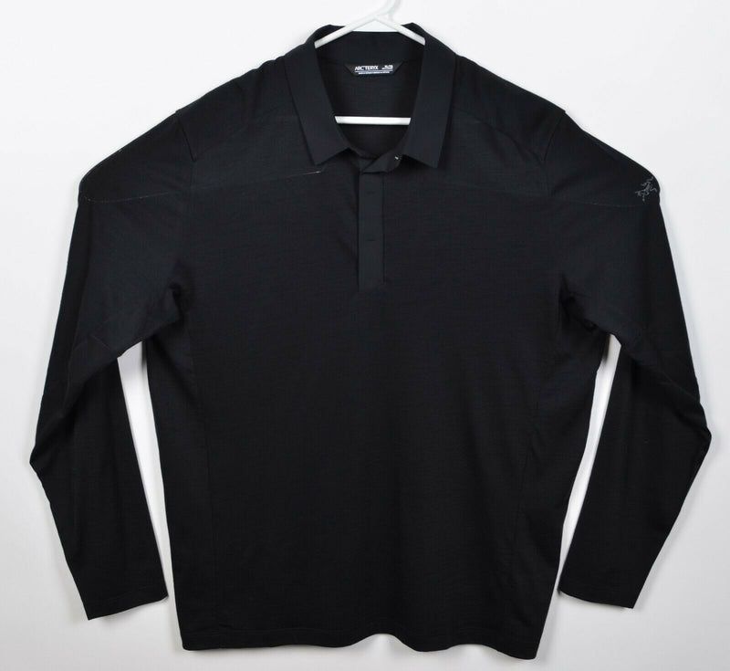 Arc'teryx Men XL Solid Black Snap Collar Merino Wool A2B Long-Sleeve Polo Shirt