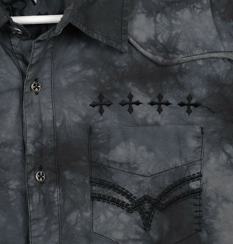 Affliction Mens Large Embroidered Cross Wings Tribal Gray/Black Distressed Shirt