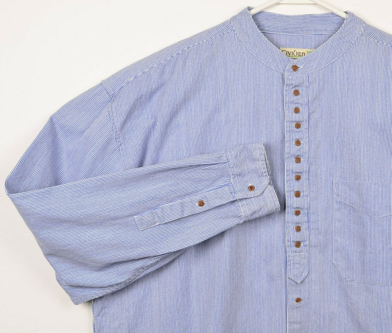 Civilian Men's 2XL Traditional Grandfather Irish Collarless Blue Pinstripe Shirt