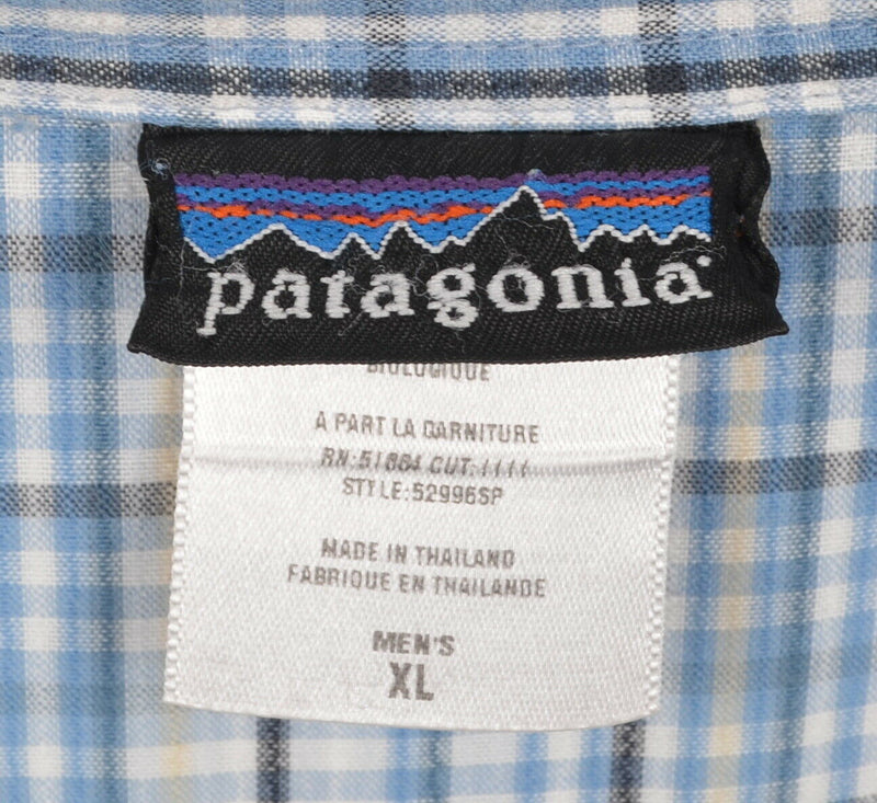 Patagonia Men's Sz XL Organic Cotton Polyester Blend Blue Plaid Hiking Shirt
