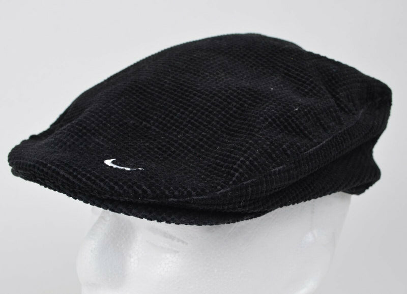 Vtg Nike Men's Sz Medium Black Newsboy Snap Hat White Swoosh Spell Out Flat Cap