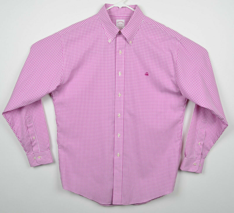 Brooks Brothers Men's Large Non-Iron Pink White Gingham Check Button-Down Shirt