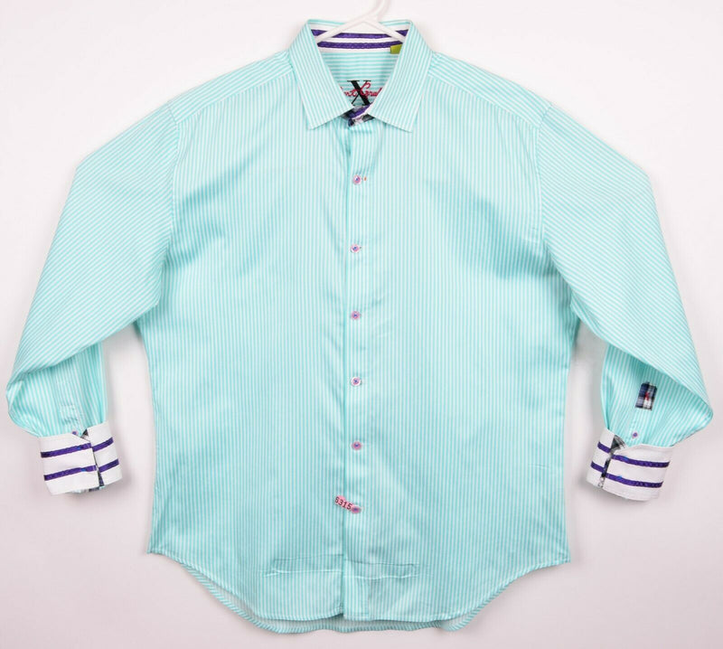 Robert Graham X Men's Large Tailored Fit Flip Cuff Aqua Blue Striped Shirt