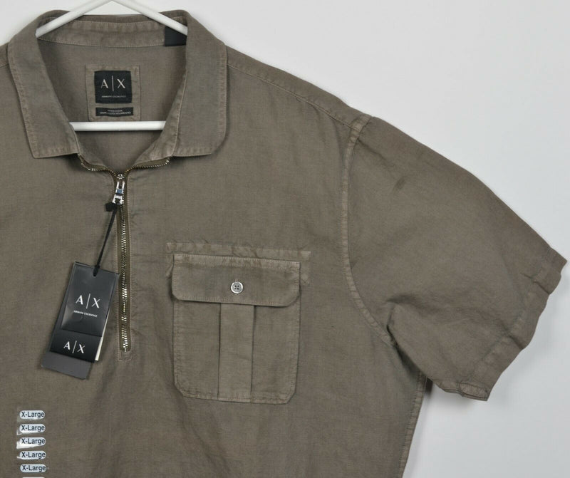 Armani Exchange Men's XL Fitted Linen Blend Olive Green 1/4 Zip Collared Shirt