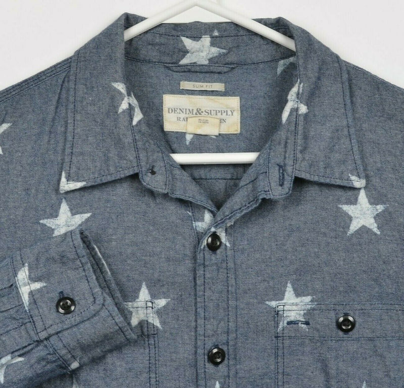 Denim Supply Ralph Lauren Men's Large Slim Fit Stars Blue Chambray Button Shirt