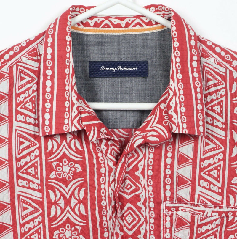 Tommy Bahama Men's Medium Red Geometric Aztec Cotton Blend Hawaiian Shirt
