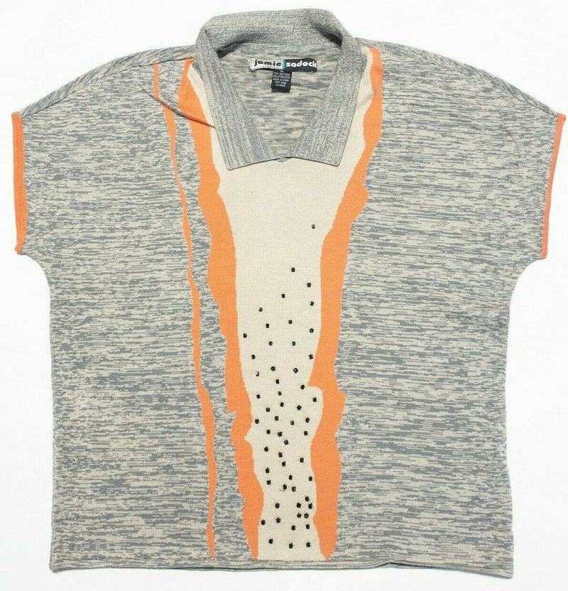Jamie Sadock Women XL Silk Blend Gray Abstract Polo Collared Golf Sweater Shirt