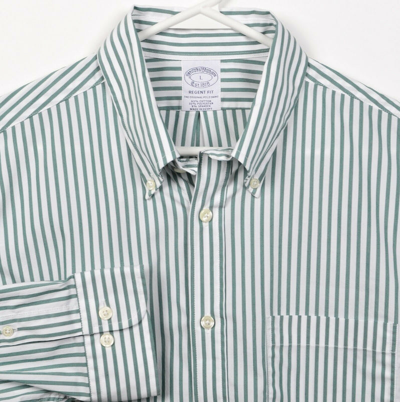 Brooks Brothers Men's Large Regent Fit Green Striped Cotton Blend Button Shirt