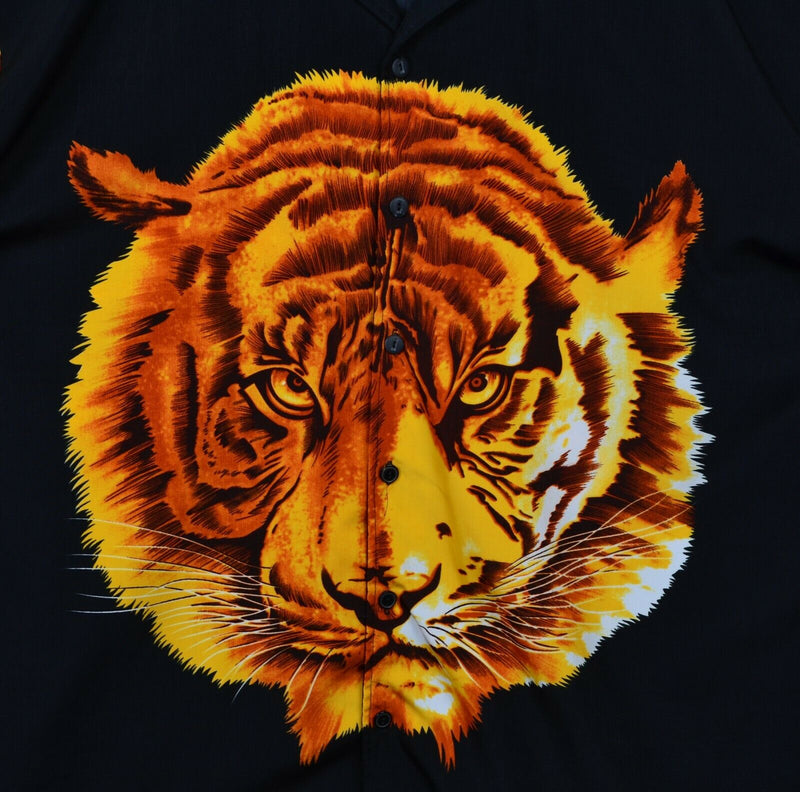 Vtg 90s Oscar Misa Men's Sz Large 100% Polyester Tiger Graphic Camp Shirt