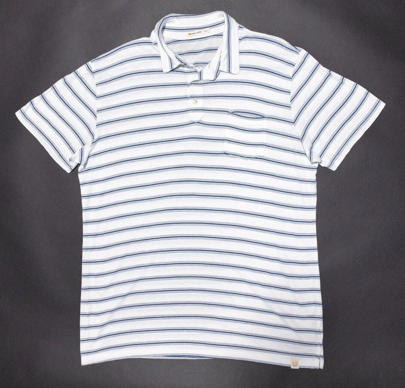 Marine Layer Polo L/XL Men's Shirt White Blue Striped Pocket Short Sleeve Modal