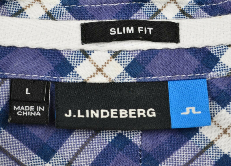 J. Lindeberg Men's Sz Large Slim Fit Blue Plaid Lux Jersey Golf Polo Shirt