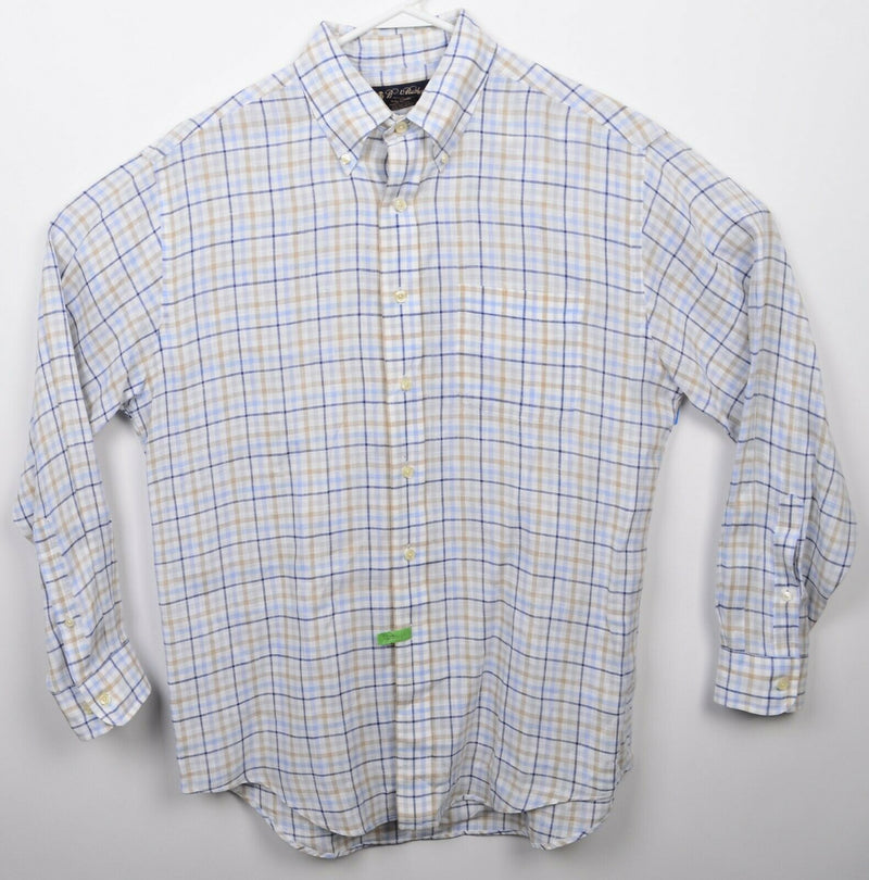 Brooks Brothers Men's Large Irish Linen White Blue Plaid Button-Down Shirt