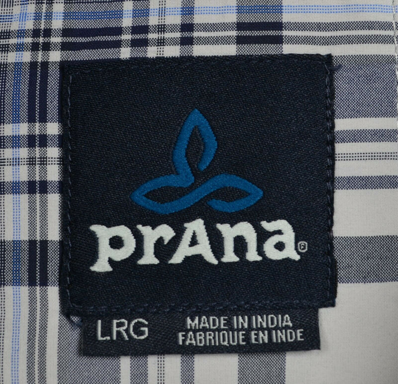 Prana Men's Large 100% Nylon Blue White Plaid Hiking Outdoor Short Sleeve Shirt