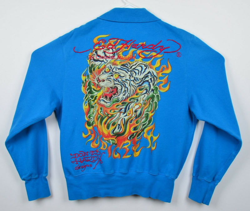 Christian Audigier Ed Hardy Men's Large Tiger Flames Blue Full Zip Sweatshirt