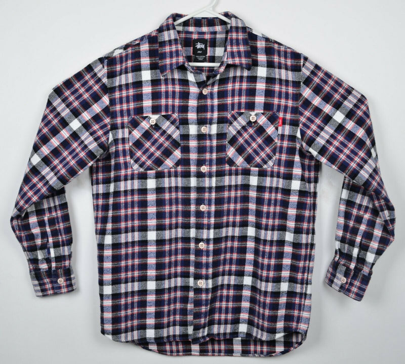 Stussy Men's Large Navy Blue Red Tartan Plaid Pockets Button-Front Flannel Shirt