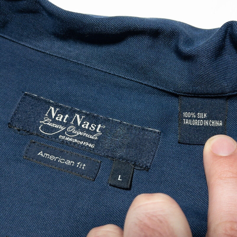 Nat Nast Silk Shirt Large American Fit Bowling Panel Retro Black Blue Striped