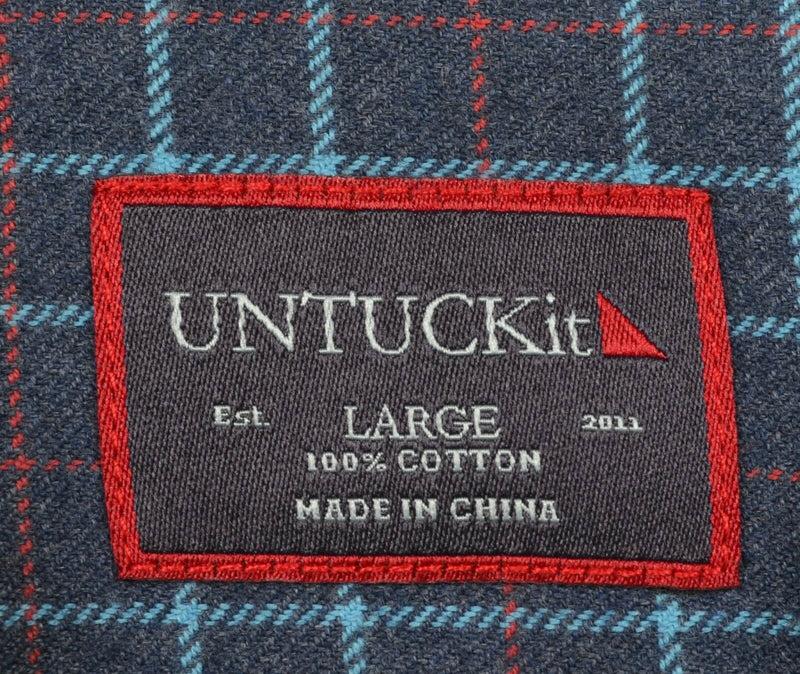 UNTUCKit Men's Large Navy Blue Check Casual Button-Front Flannel Shirt