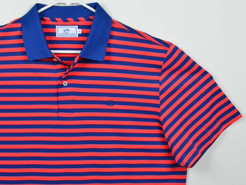 Southern Tide Men's Sz XL Blue Orange Striped Polyester Spandex Polo Shirt