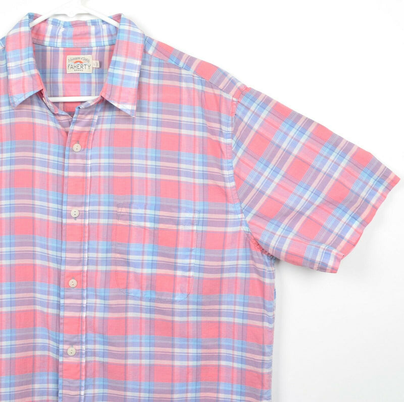 Faherty Brand Men's Large Pink Blue Plaid Cotton Linen Blend Button-Front Shirt