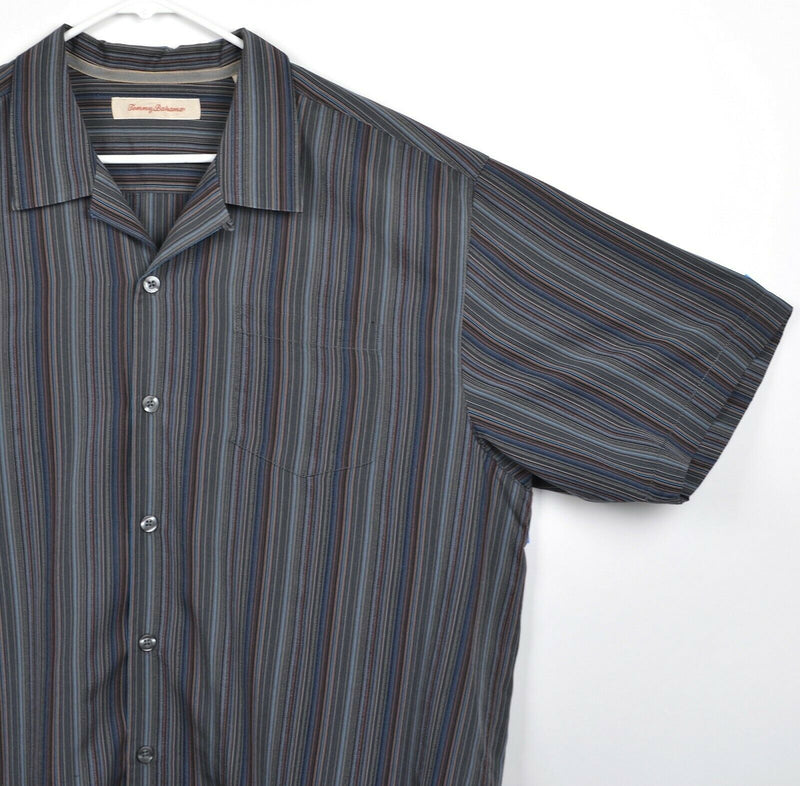 Tommy Bahama Men's Sz XL 100% Silk Multi-Color Gray Blue Striped Hawaiian Shirt