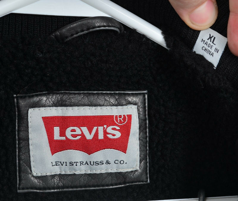 Levi's Men's XL Black Faux Leather Faux Fur Lined Black Zip Snap Bomber Jacket