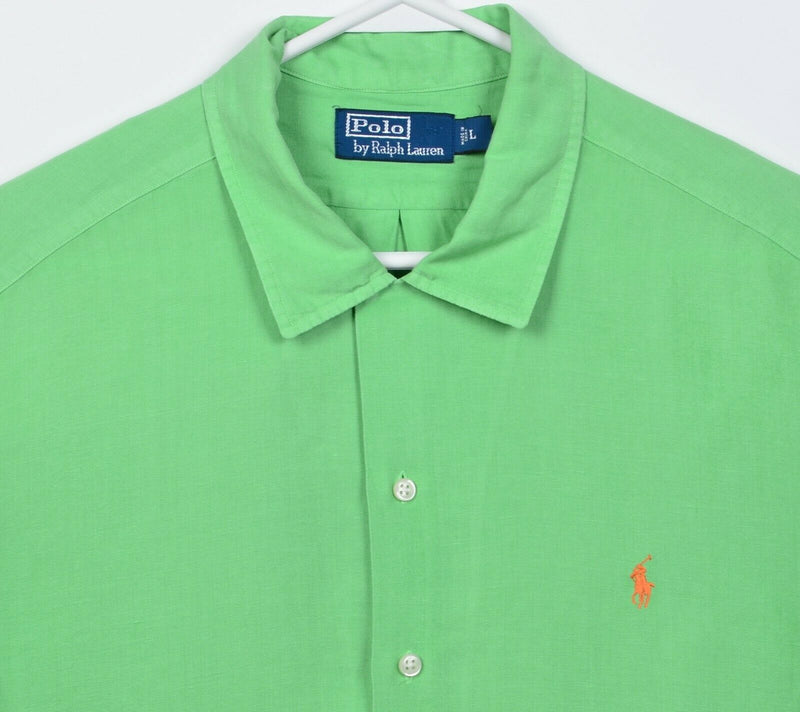 Polo Ralph Lauren Men's Large Linen Silk Blend Solid Green Button-Front Shirt