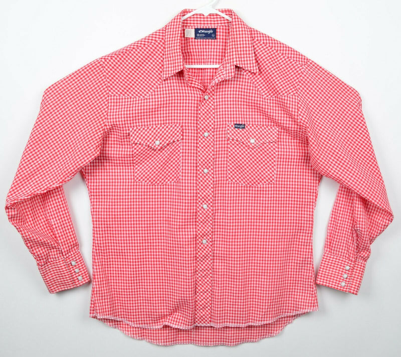 Vtg 70s Wrangler Men's Sz Large Pearl Snap Red White Gingham Check Plaid Shirt