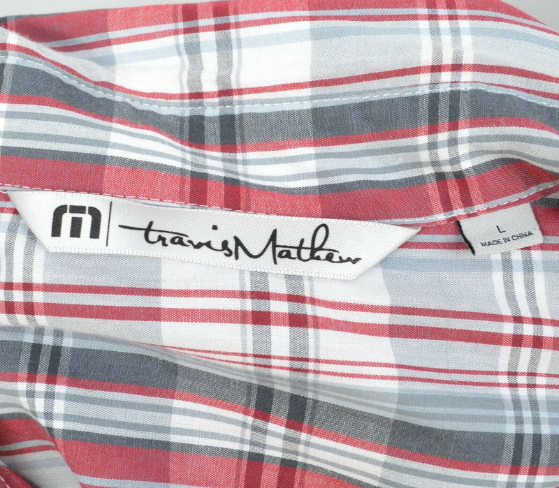 Travis Mathew Men's Sz Large Gray Red Plaid Button-Front Casual Shirt