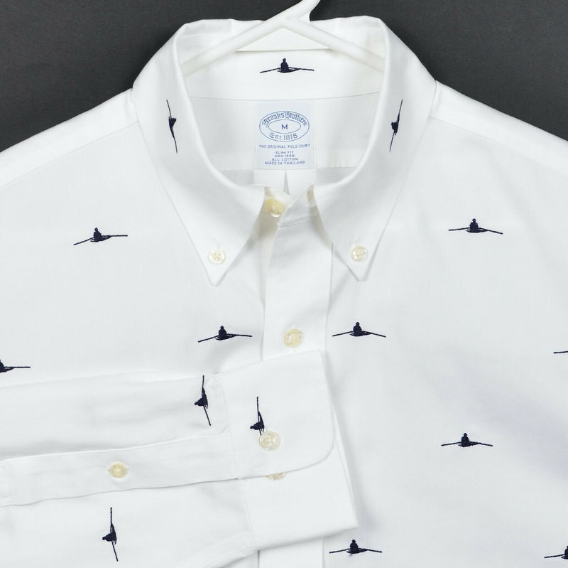 Brooks Brothers Men Medium Slim Fit Rowing Man Embroidered White Non-Iron Shirt