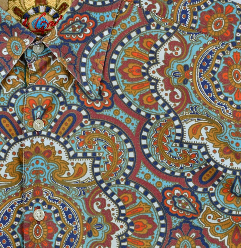 Robert Graham Men's Large Flip Cuff Paisley Multi-Color Aqua Red Designer Shirt