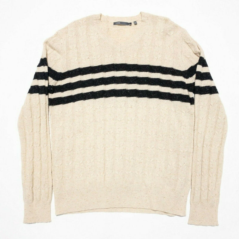 VINCE. Sweater Men's Large Wool Blend Cable-Knit Cream Striped V-Neck Pullover