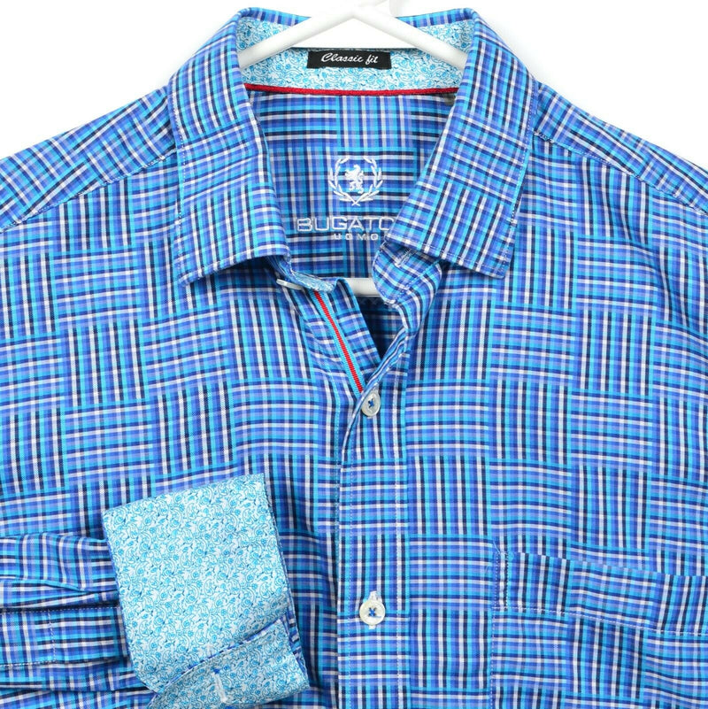 Bugatchi Uomo Men's Small Classic Fit Flip Cuff Blue Plaid Button-Front Shirt