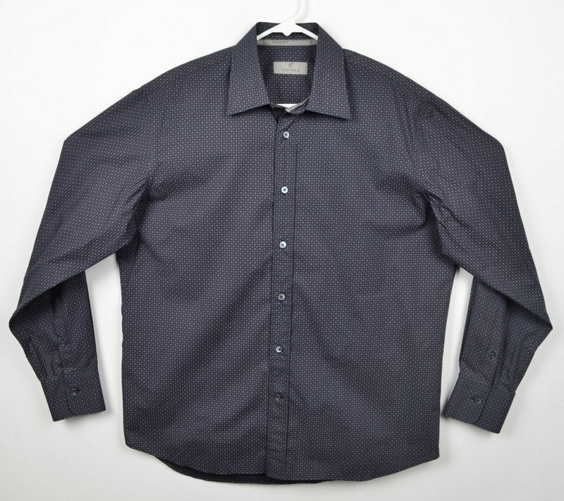 CANALI Men's Sz Large Navy Blue Geometric Made in Italy Long Sleeve Dress Shirt