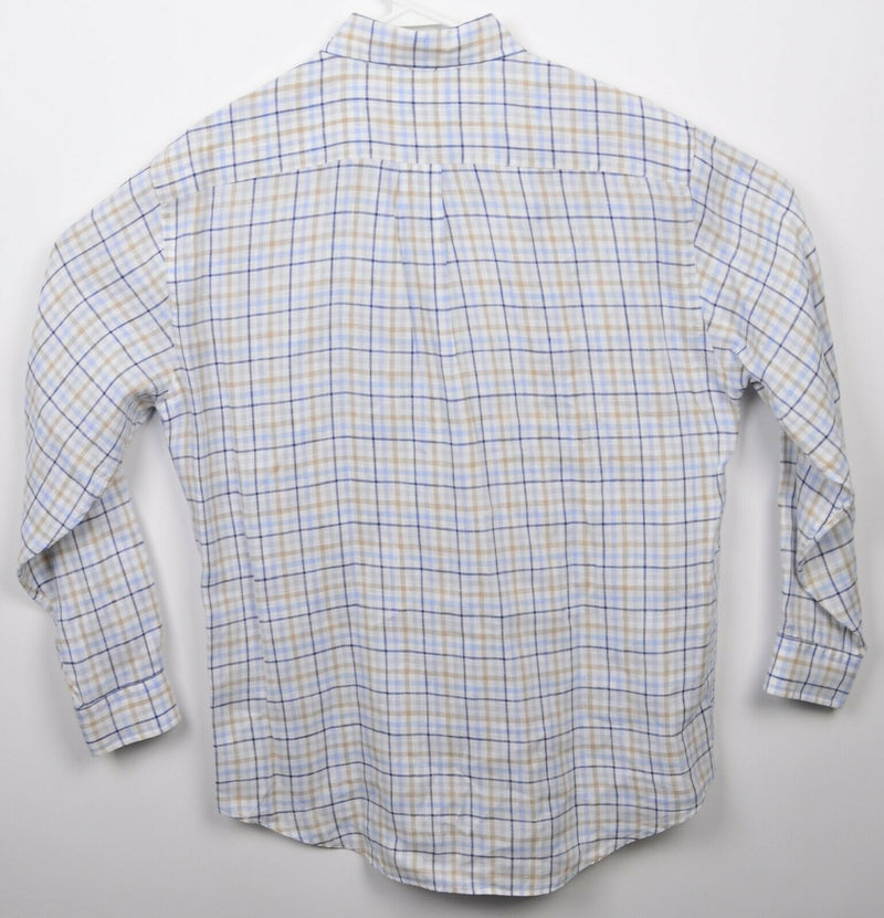 Brooks Brothers Men's Large Irish Linen White Blue Plaid Button-Down Shirt