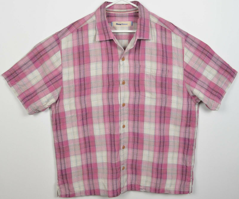 Tommy Bahama Men's XL 100% Silk Pink Plaid Hawaiian Aloha Camp Shirt