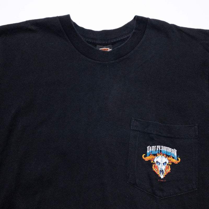 Harley-Davidson Vintage T-Shirt Men's Large Pocket Flames Skull 90s Black