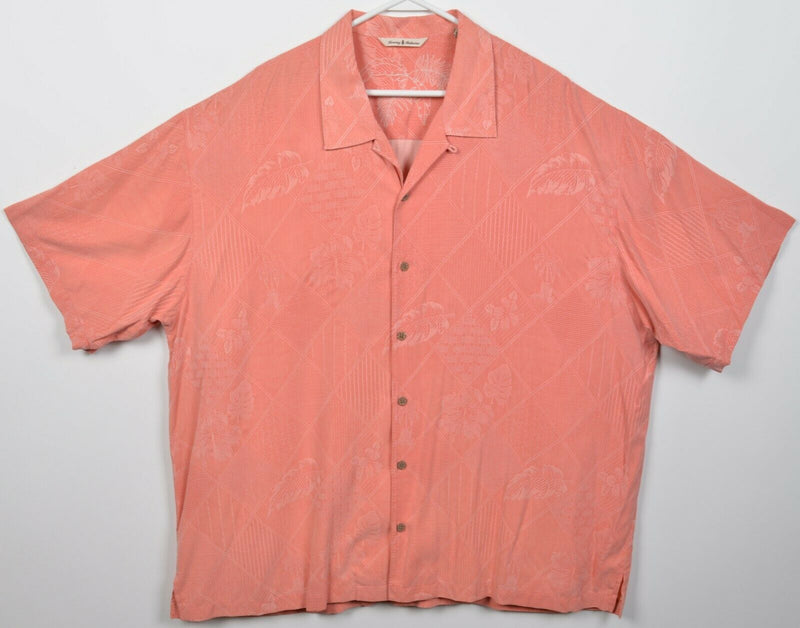 Tommy Bahama Men's 2XL 100% Silk Salmon Pink Textured Floral Hawaiian Shirt