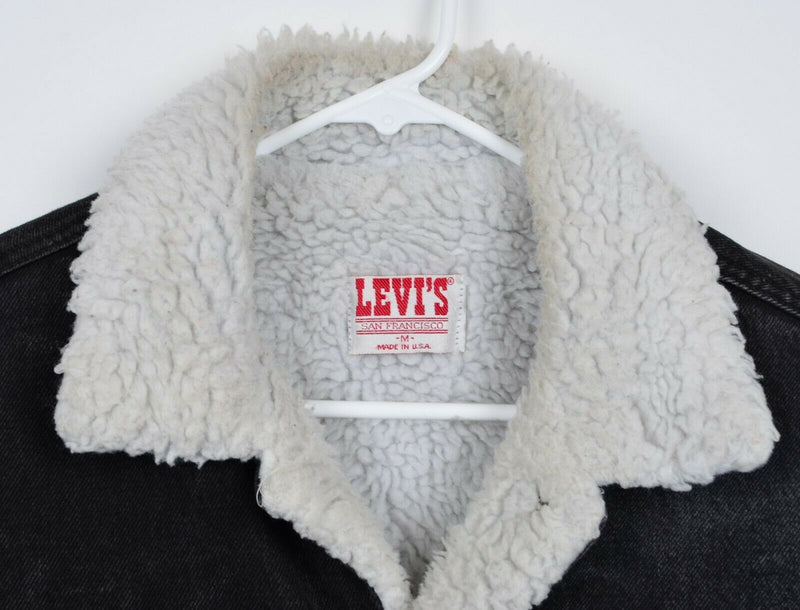 Vtg 80s Levi's Men's Medium Sherpa Lined Black Denim Snap-Front Trucker Jacket