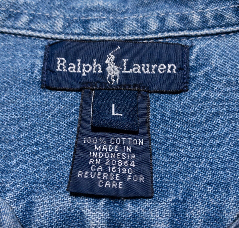 Polo Ralph Lauren Denim Shirt Boy Large Vintage 90s Indigo Blue Pony Button-Down