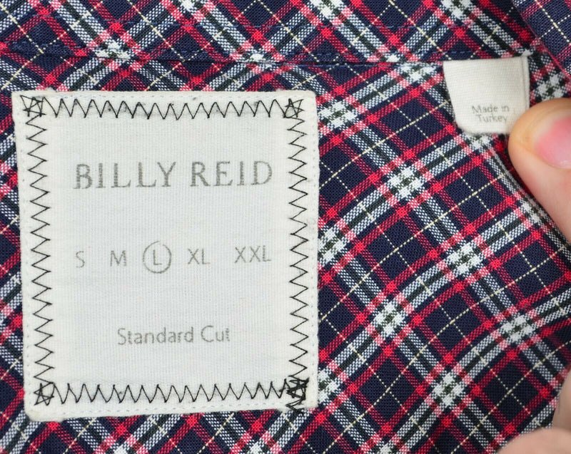 Billy Reid Men's Sz Large Standard Cut Red Navy Tartan Plaid Long Sleeve Shirt