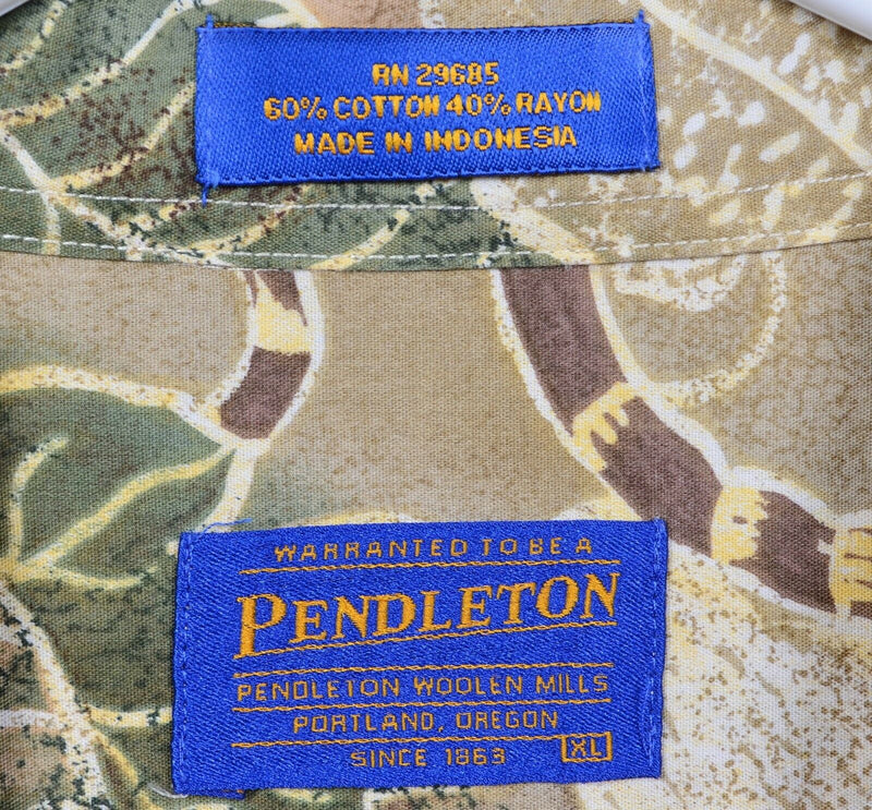 Pendleton Men's XL Floral Palm Print Green Tan Cotton Rayon Blend Hawaiian Shirt