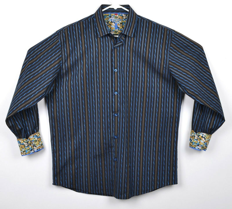 Luchiano Visconti Men's Sz Medium Flip Cuff Paisley Navy Blue Wavy Shirt