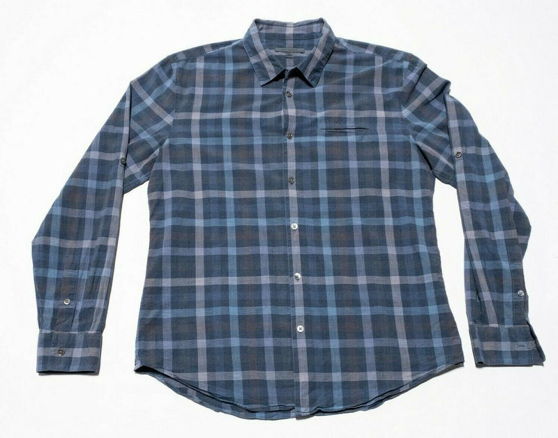 John Varvatos Button-Front Shirt Navy Blue Check Modern Designer Men's Large