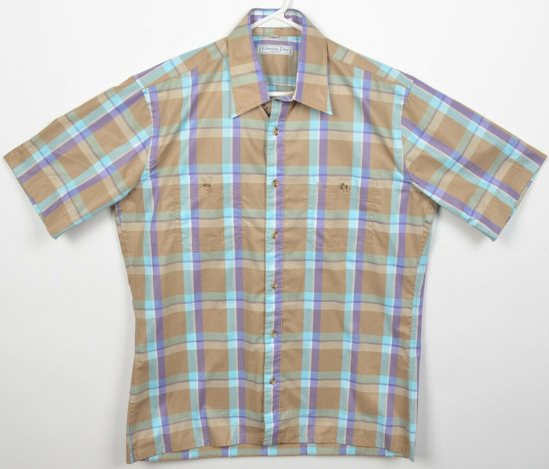 Vintage 80s Christian Dior Chemise Men's Medium Brown Purple Aqua Plaid Shirt