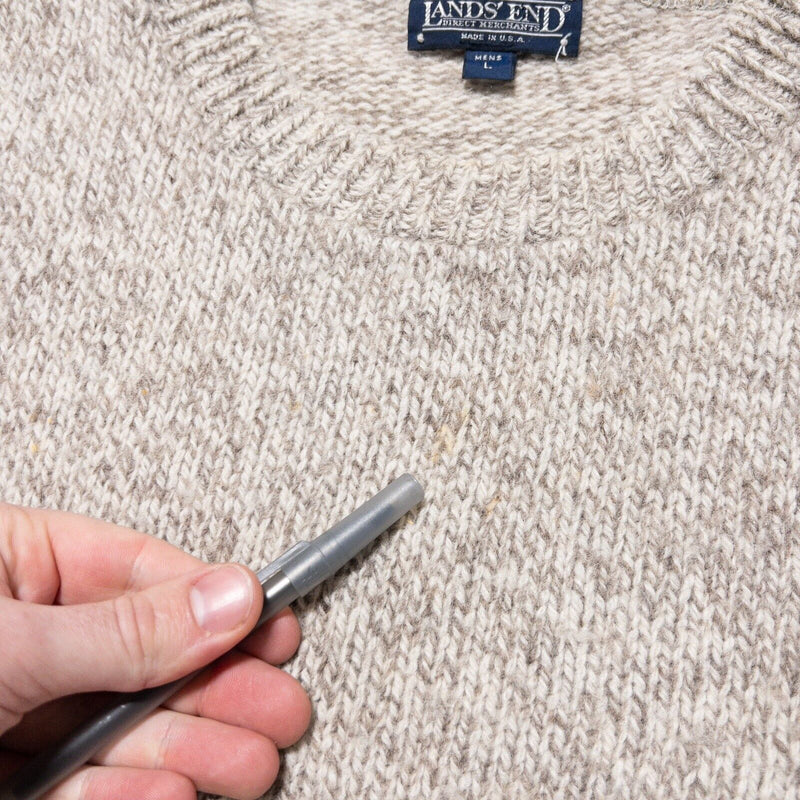 Vintage Lands' End Sweater Men's Large Wool Pullover Knit Beige Oatmeal USA 80s