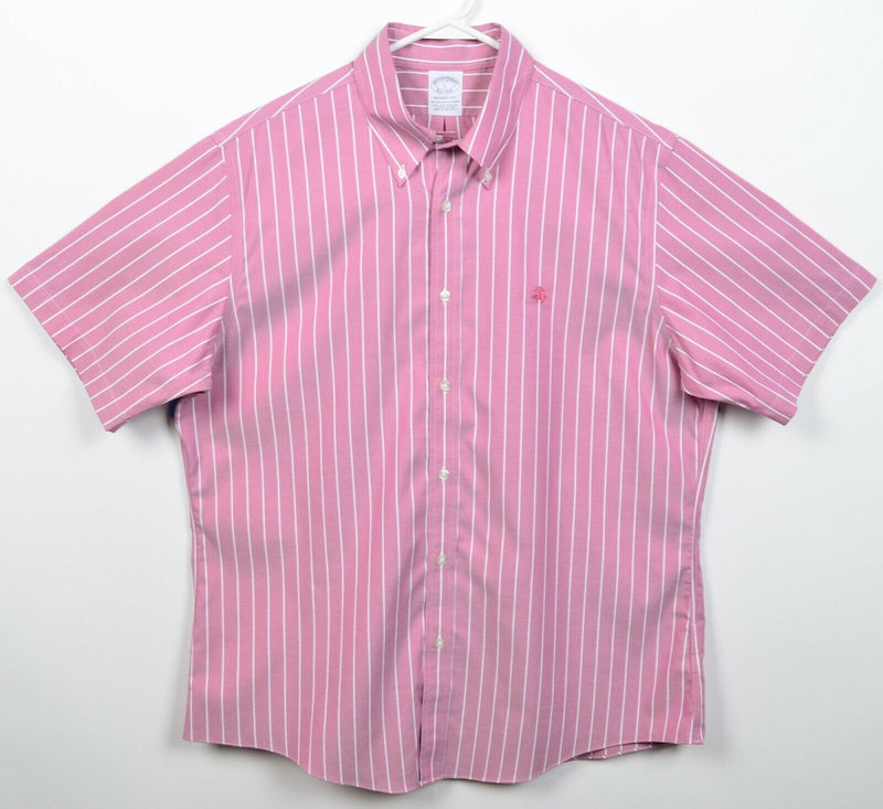 Brooks Brothers Men's Large Regent Fit Non-Iron Stretch Pink Striped Logo Shirt