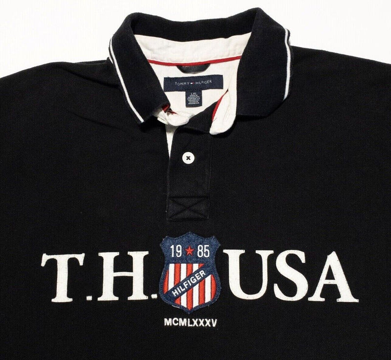 Tommy Hilfiger Rugby Polo Shirt Men's Large USA Embroidered Black Vintage 90s