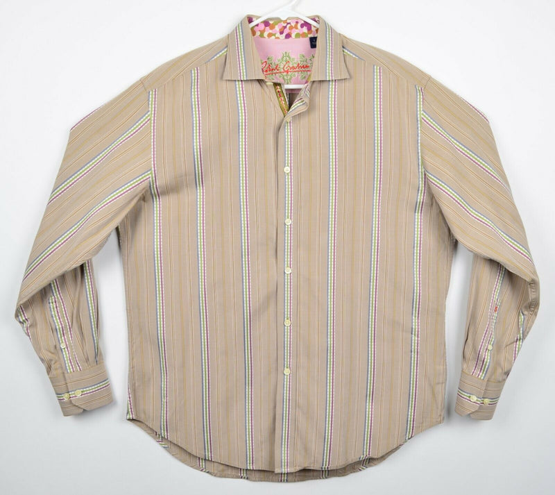 Robert Graham Men's Sz Large Flip Cuff Biege Purple Striped Long Sleeve Shirt