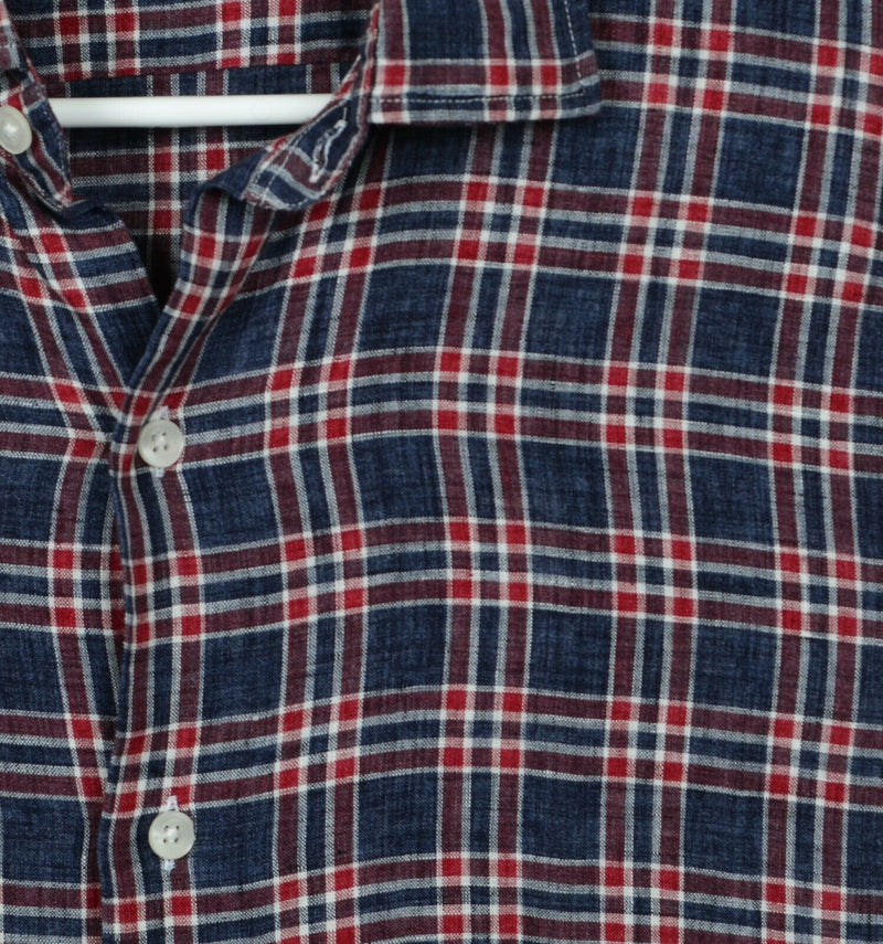 Culturata Men's Sz Medium 100% Linen Red Navy Plaid Italy Short Sleeve Shirt