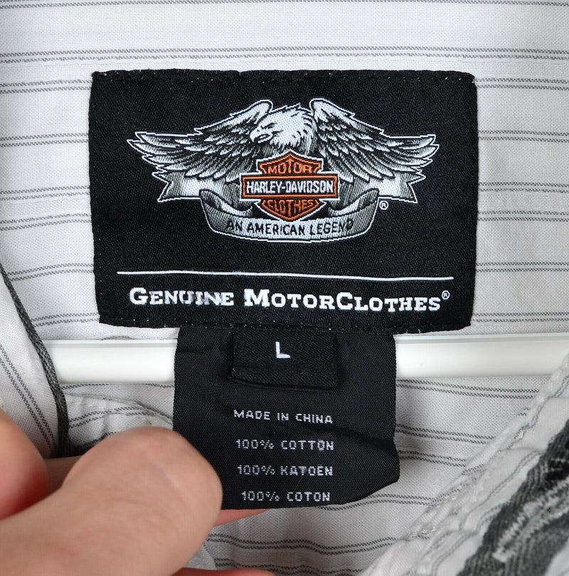 Harley-Davidson Men's Large White Striped Logo Print Garage Mechanic Biker Shirt